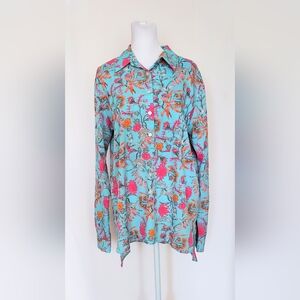At Last Collared Button Down Shirt Floral Print Size 14 Blue Pink 100% Cotton